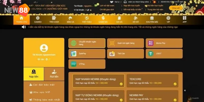 Cách nạp tiền New88 chi tiết
